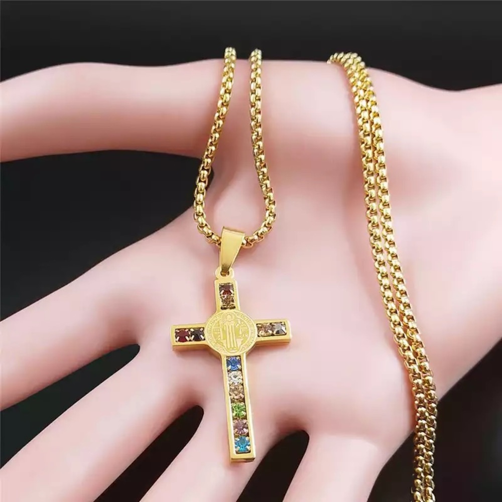 Stainless Steel Crystal Cross Pendant Necklace - Picture 2 of 12
